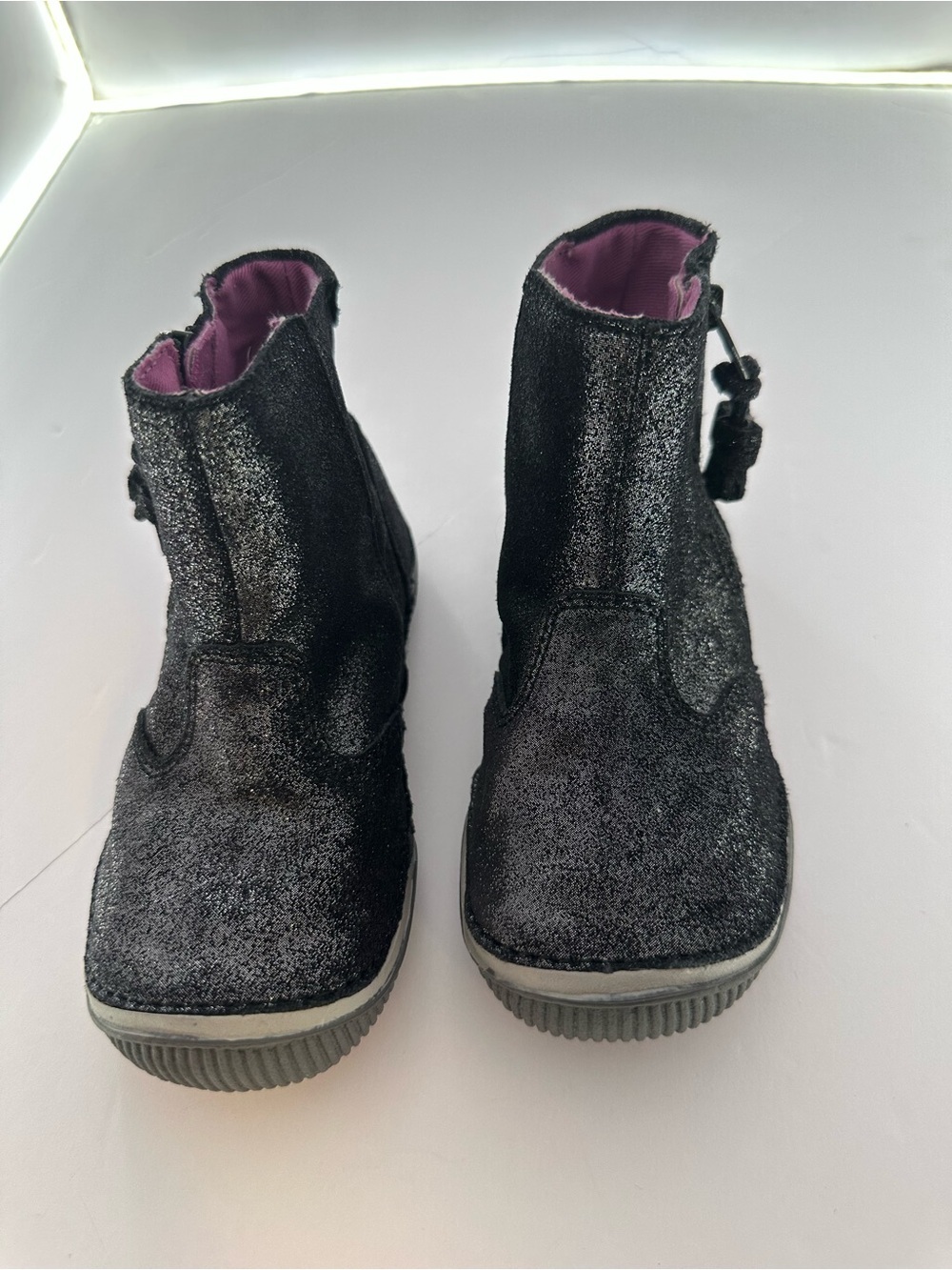 Stride Rite Girls Black Glitter Ankle Boots with Pink Lining Size 8.5M